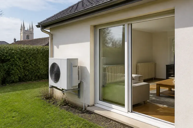 Unité extérieure d'une pompe à chaleur air-eau posée contre le mur d'une maison de plain-pied
