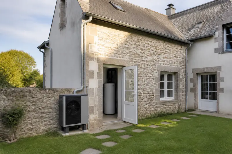 Maison familiale de plain-pied avec une pompe à chaleur air-eau installée sur la façade arrière